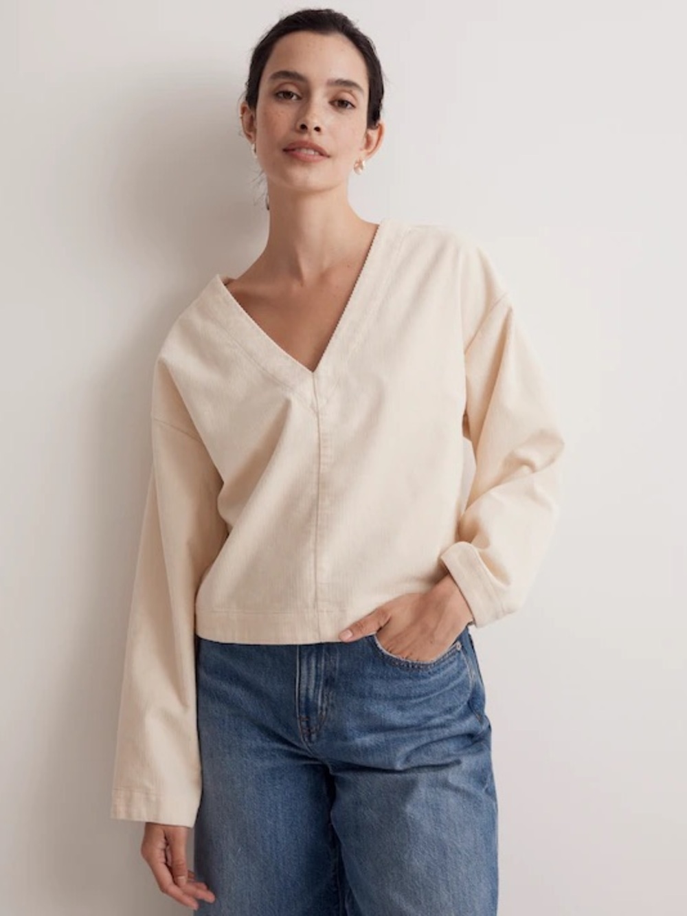 Madewell Waffle-Knit Relaxed V-Neck Top Antique Cream Size XL